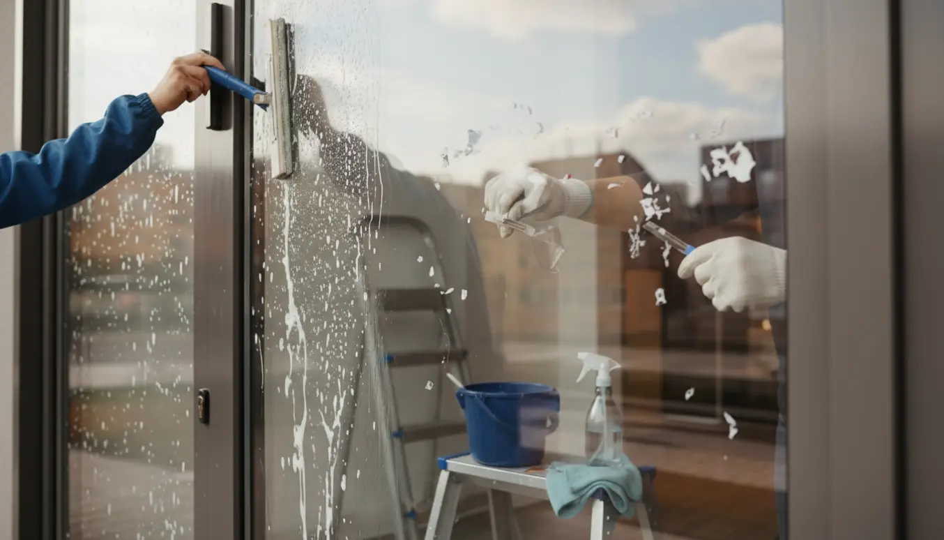Hænder pudser et facadevindue med gummiskraber og piller folie og stickers af dørens glas.
