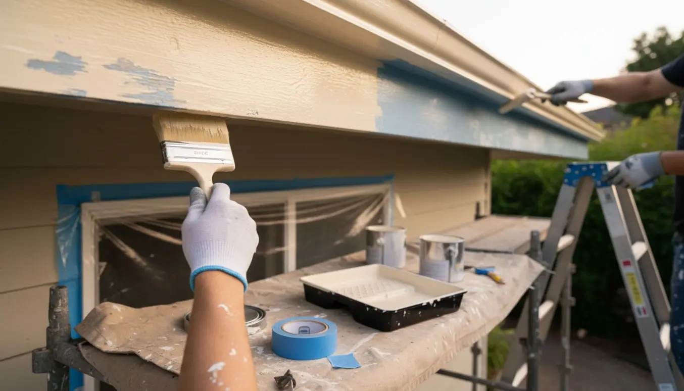 Maler maler træværk under husets udhæng med pensel og rulle, mens vinduer er afdækkede.