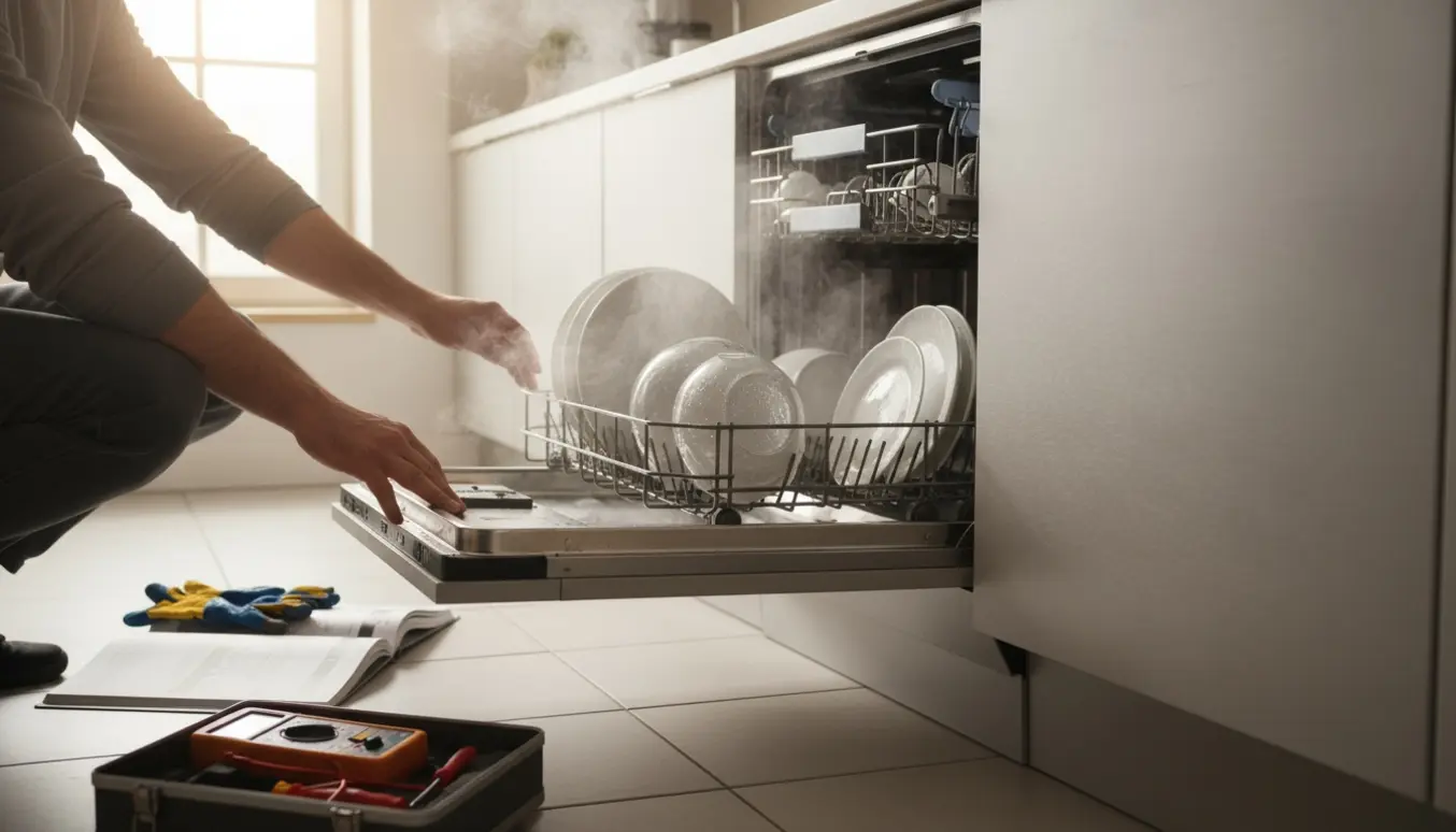 Åben opvaskemaskine med svag røg og slukket lampe, mens en persons hænder inspicerer indersiden ved siden af værktøj.