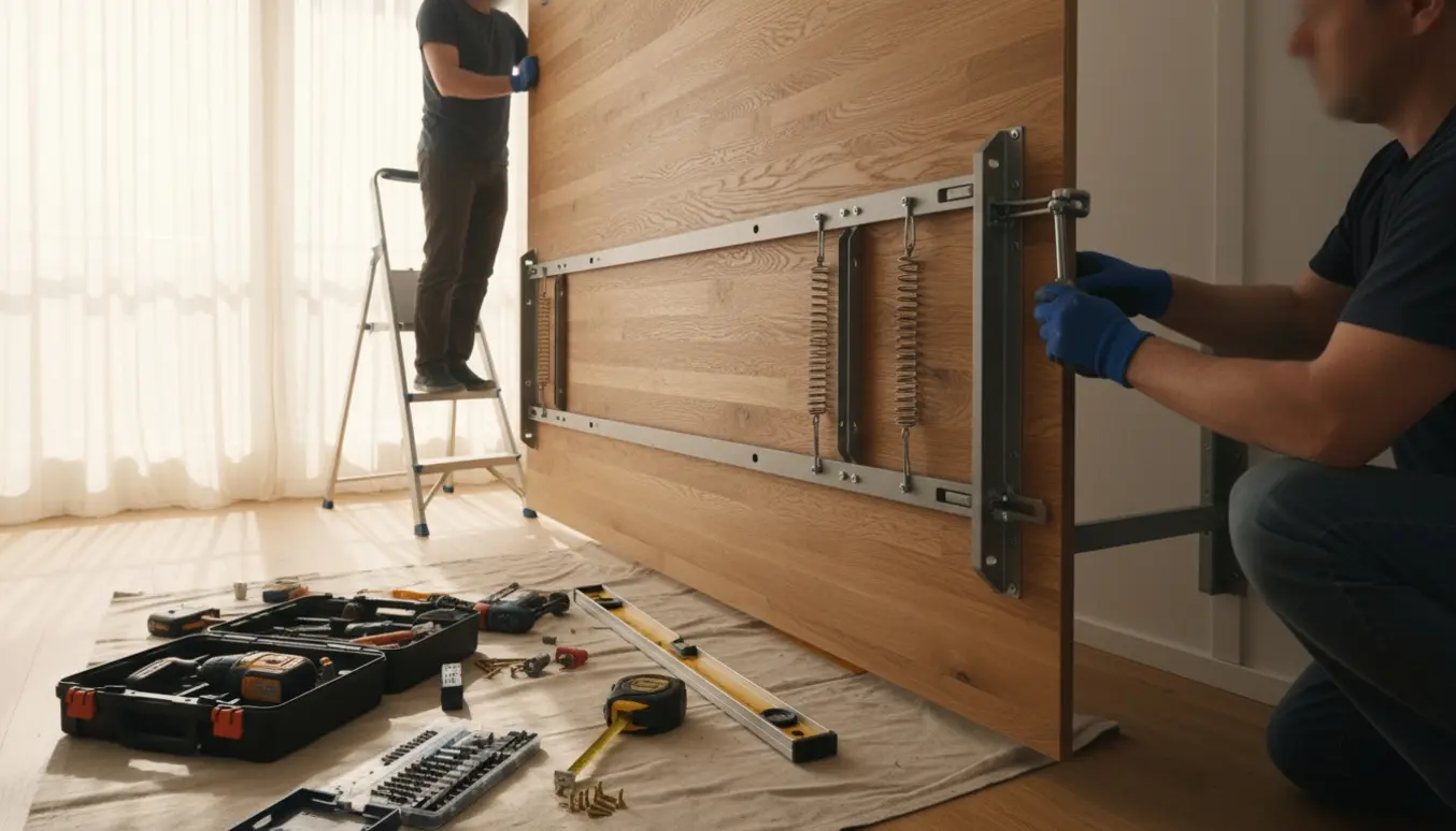 Montage af en vægseng i en lys lejlighed med værktøj og hænder i fokus.
