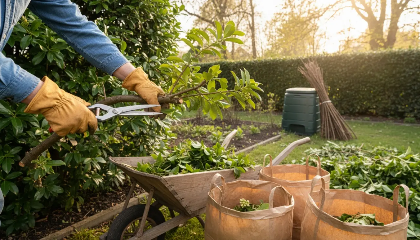 Hænder beskærer en busk med beskæresakse, mens afklip samles i en trillebør og haveaffaldsposer.