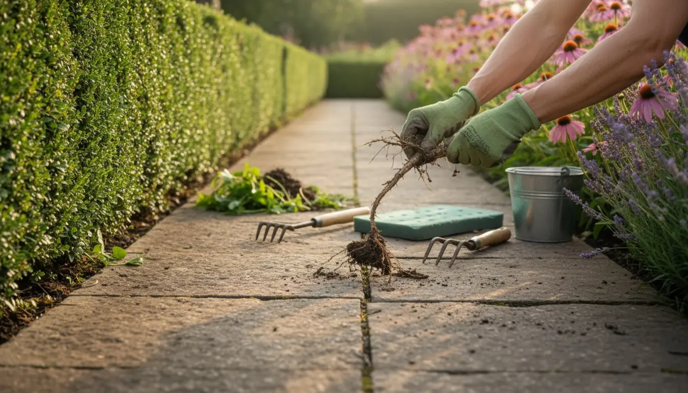 Nærbillede af hænder, der fjerner ukrudt mellem lilla blomster langs fliser op til en hæk med haveredskaber ved siden af.
