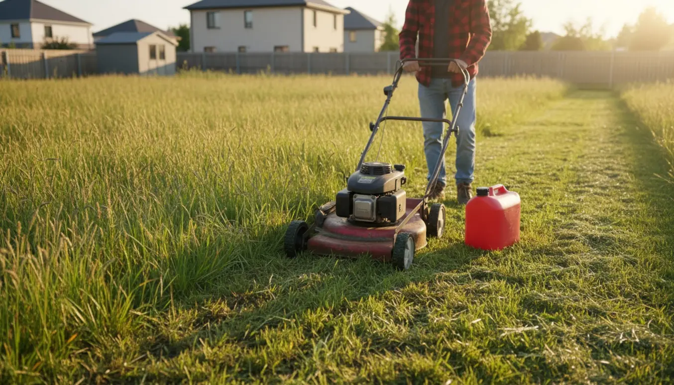 Benzindrevet plæneklipper fjerner højt græs på en parcelgrund, med synlig forskel mellem nyklippet og ubehandlet græs.