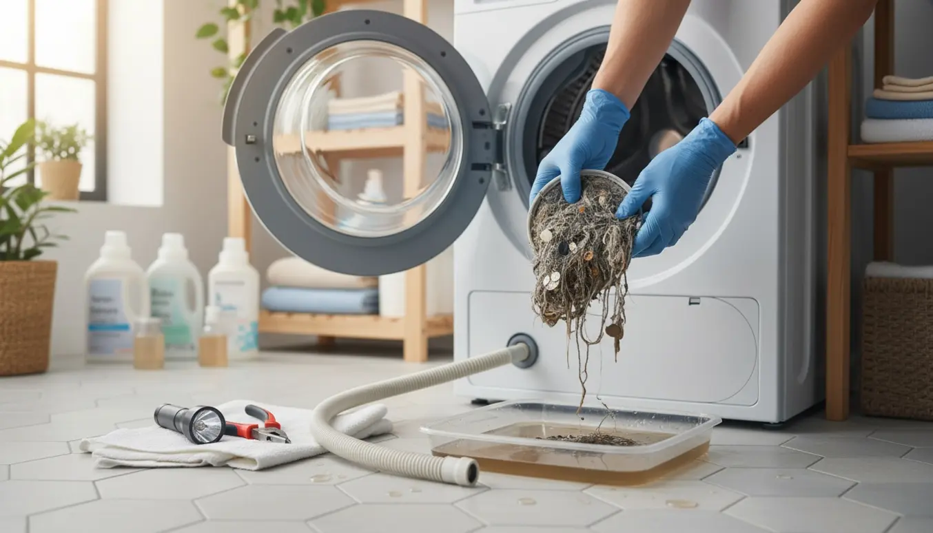 Hænder fjerner et tilstoppet filter fra en frontbetjent vaskemaskine med bakke og afløbsslange på flisegulvet.