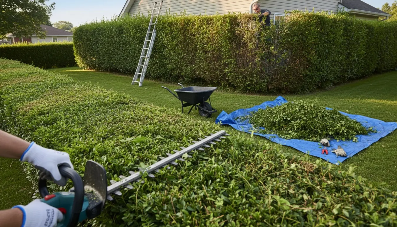 Lang, nyklippet 200 cm høj hæk rundt om et hus med hækkeklipper og opsamlede afklip.