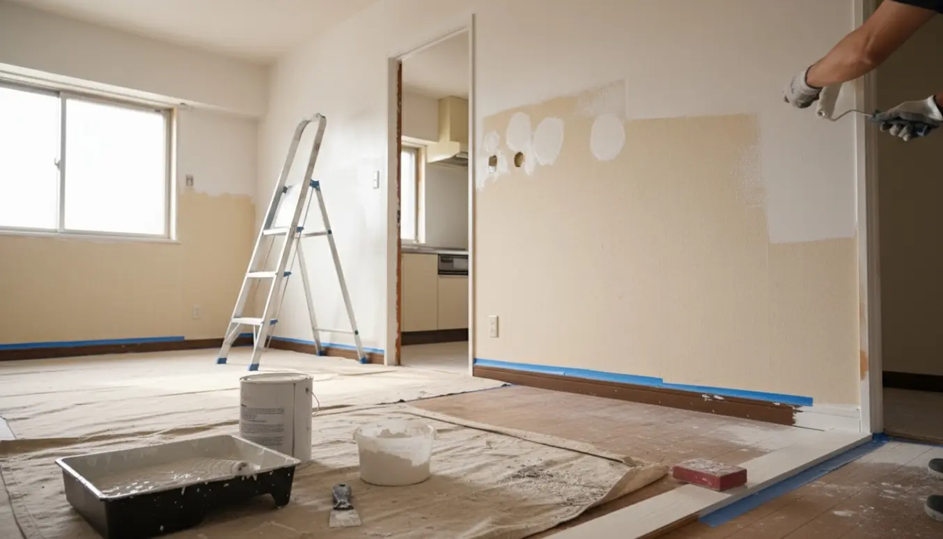 Solbelyst lejlighedsinteriør under maling med malerværktøj, spartlede områder og delvist malede lister.