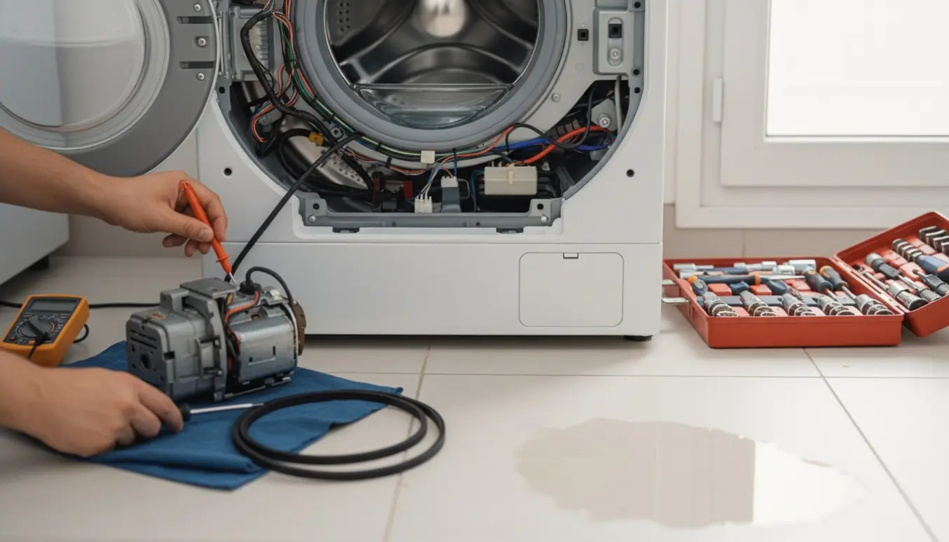 Tekniker arbejder på en åben frontbetjent vaskemaskine med afmonteret motor og værktøj, mens tromlen er delvist fyldt med vand.