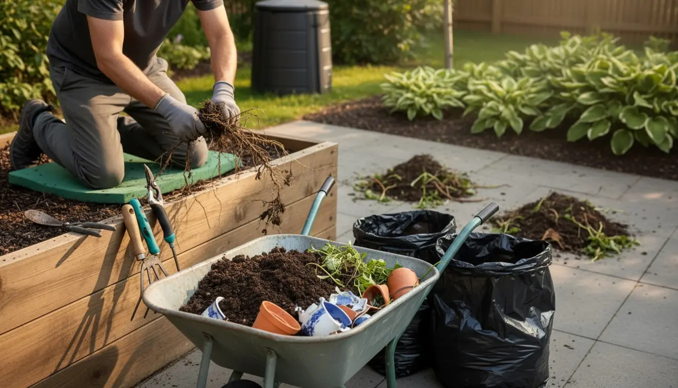 Handsker og trillebør fyldt med jord og knuste krukker i en ryddet have.