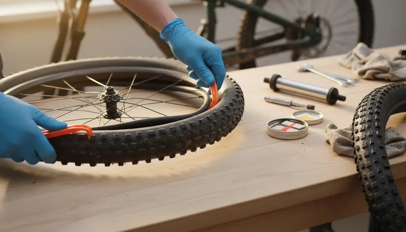 Nærbillede af hænder, der monterer nyt mountainbikedæk og lappeslange på et baghjul med dækjern og lappekit.