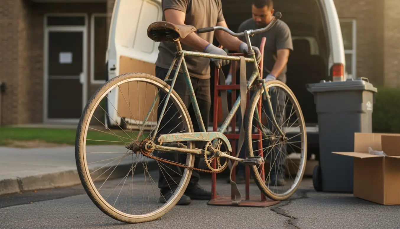 En arbejder læsser en slidt, rusten cykel op i en varevogn ved kantstenen, klar til kassering.