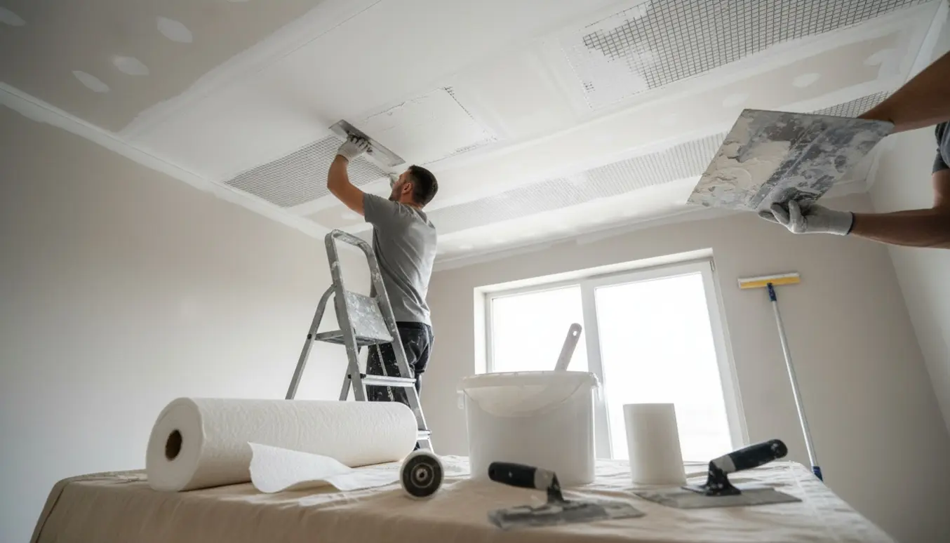 Håndværker på en stige spartler et gipsloft med filt-rulle og værktøj i forgrunden.