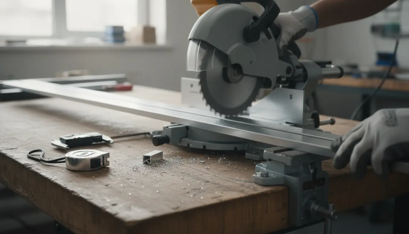 To aluminiumsprofiler skæres på et arbejdsbord med skæremaskine, klemme og værktøj.
