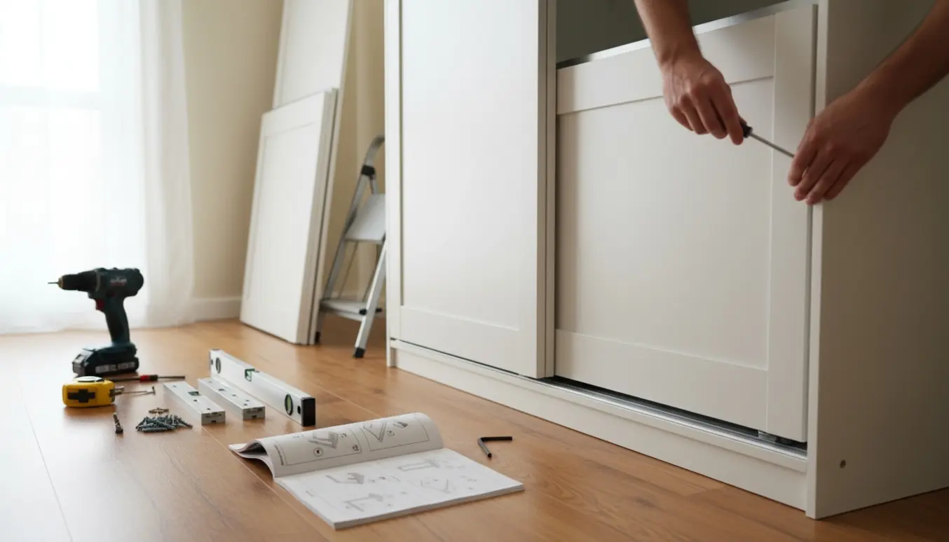 Hænder justerer skydedørrulle på et nyt hvidt PAX-garderobeskab med værktøj og monteringsdele ved siden af.