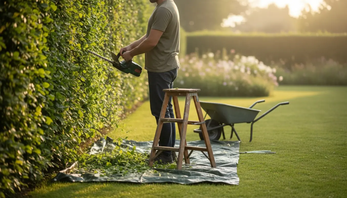 Person klipper en 1,8 m høj hæk i en have på ca. 10 x 20 m med hækkeklipper, stige og opsamlede afklip.