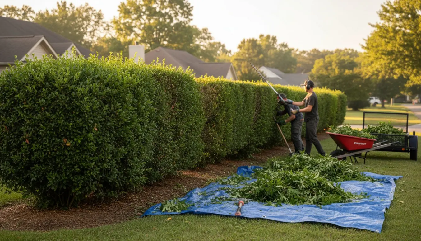 Lang hæk bliver klippet i top og sider, mens afklip samles i trillebør og på en presenning.