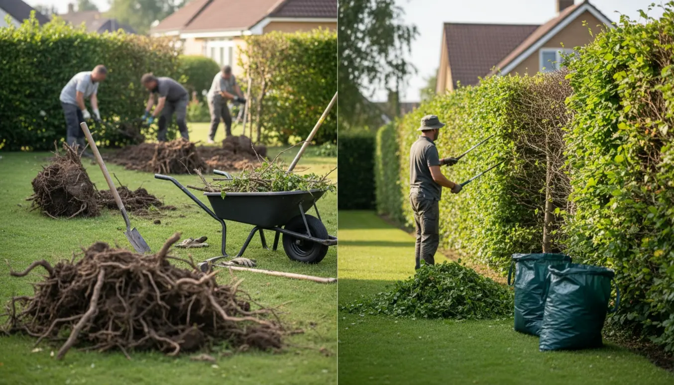 Udendørs havearbejde med fjernet ligusterhæk i baghaven og indvendig klipning af bøgehæk i forhaven, værktøj og bunker af haveaffald.