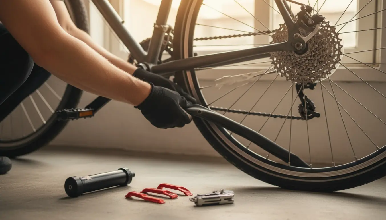 Hænder holder et delvist afmonteret bagdæk og undersøger en punkteret slange ved siden af dækværktøj.