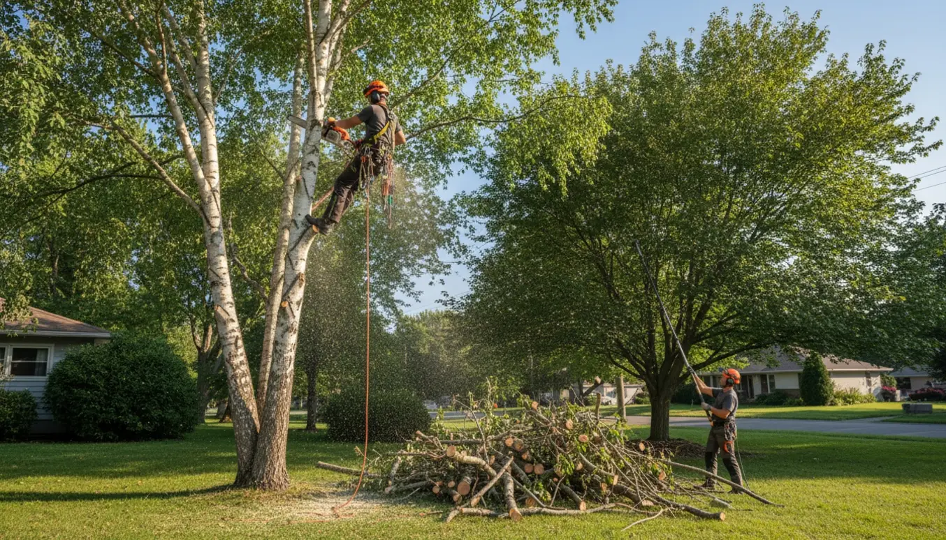 Professionel top- og sidekapning af høje træer med klatrer og afskårne grene samlet på græsset.