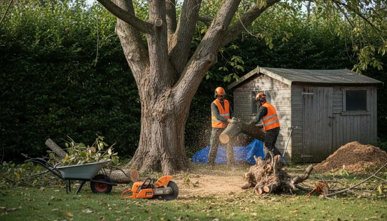 Stubfræsning og fældning af stort nøddetræ mellem hæk og redskabsskur med kædesav og flis.