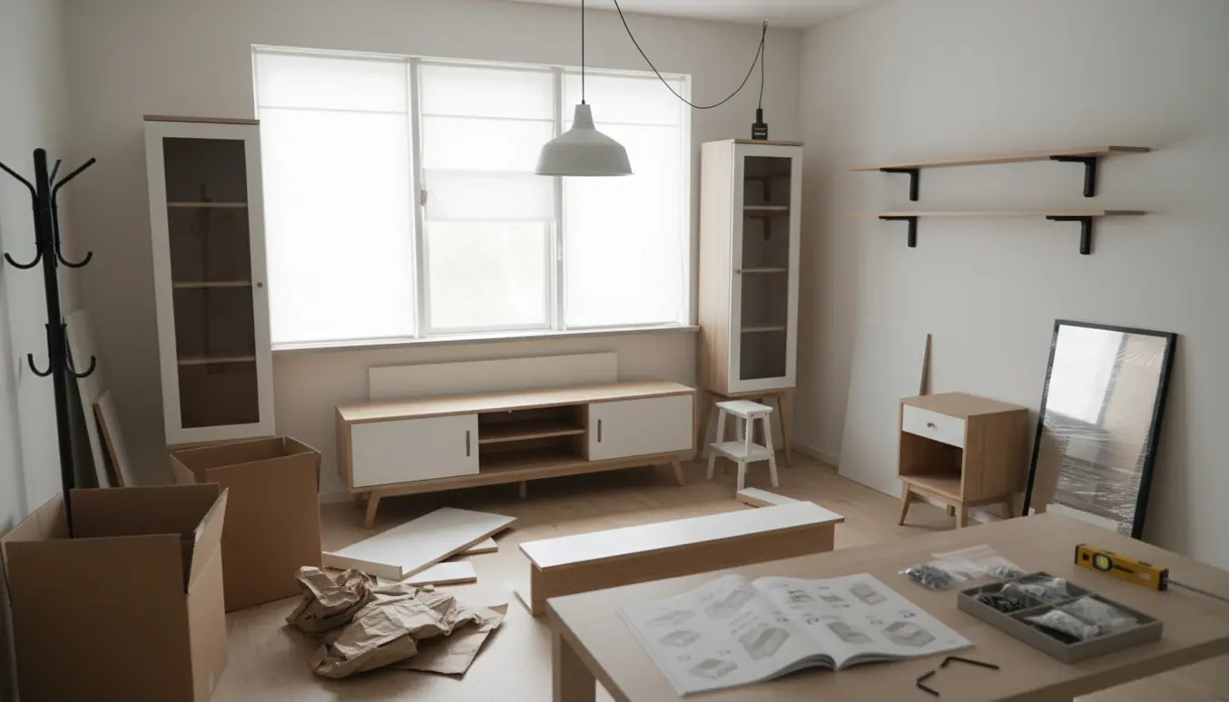 Lyst skandinavisk rum med møbler under samling og ophængning af lamper, persienner og hylder, kun hænder synlige.