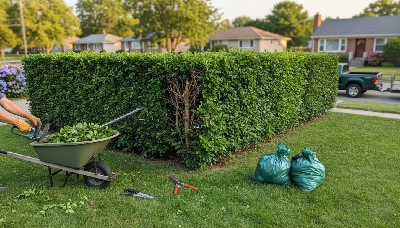 Hjørnegrund med bøgehæk, delvist trimmet og beskæringsværktøj tydeligt placeret på græsset.