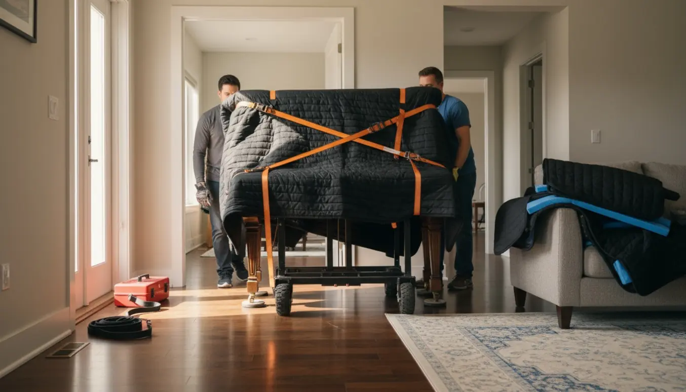 Et polstret klaver flyttes forsigtigt gennem en lys stue med dolly og tæpper, uden synlige ansigter.