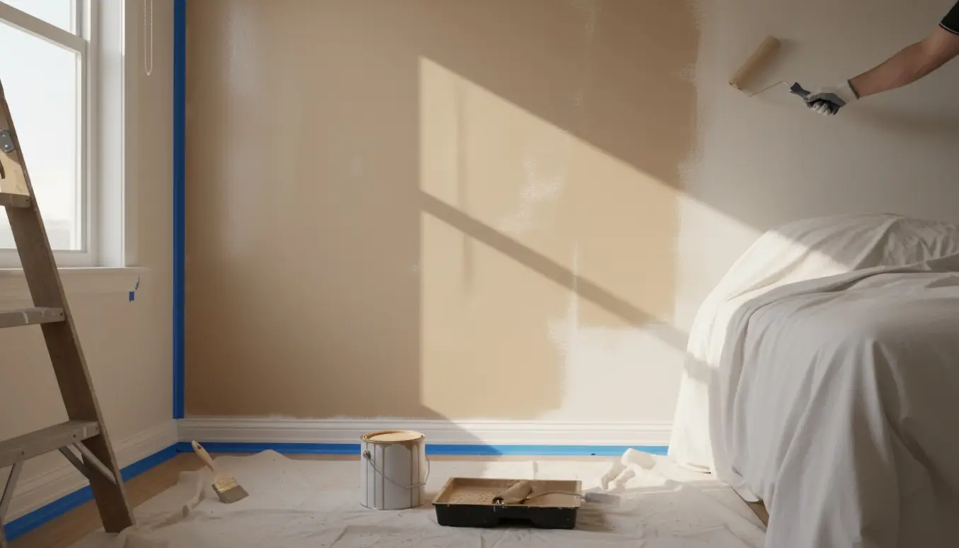 Delvist malet soveværelsesvæg med malertape, rulle, åben maling og afdækkede møbler i naturligt morgenlys.