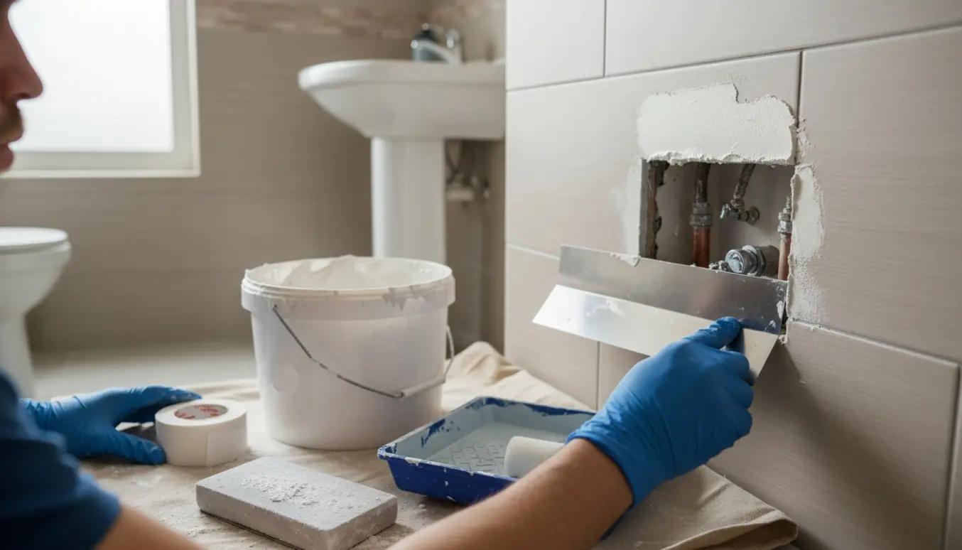 Hænder spartler en repareret gipskasse i et flisebadeværelse klar til filning og maling.
