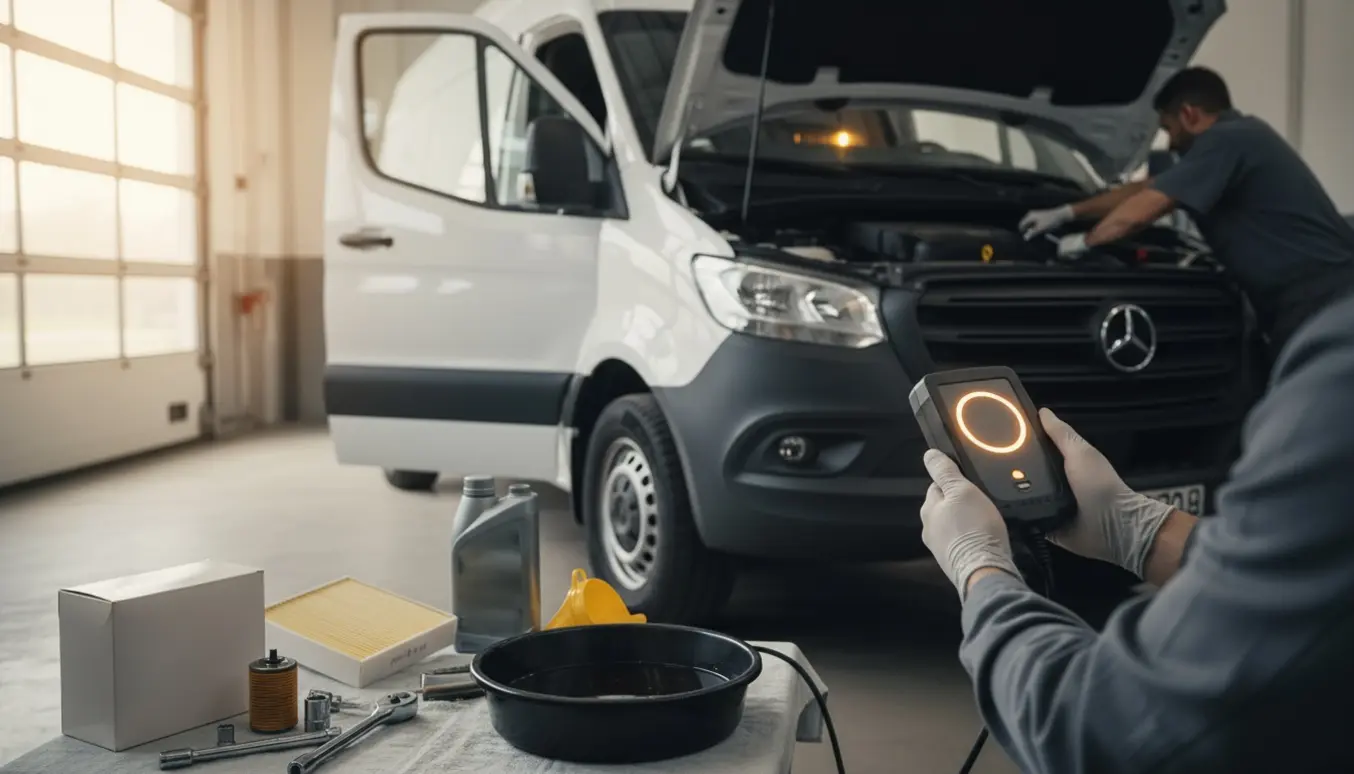 Varevogn med åben motorhjelm og mekaniker, der bruger et diagnoseværktøj mens serviceværktøj og reservedele ligger klar.