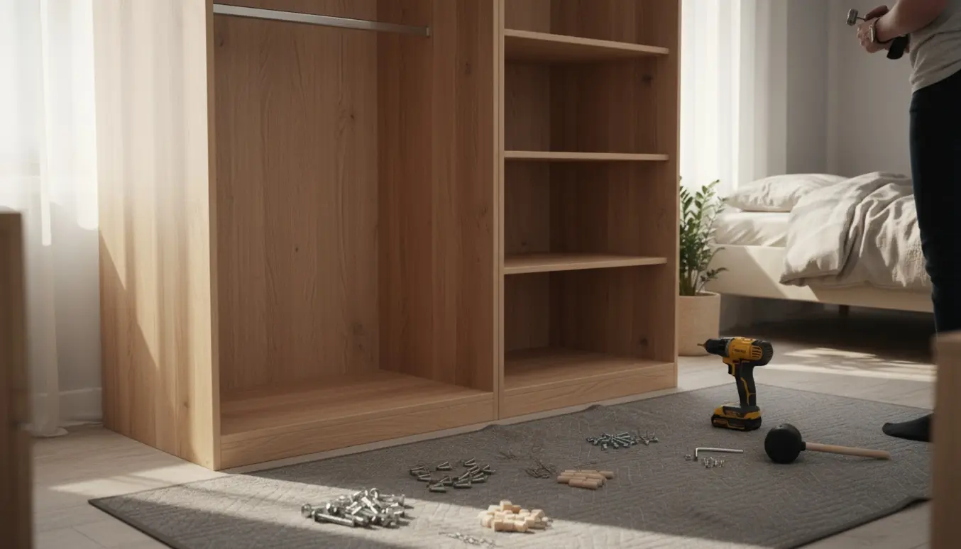 Delvist samlet Ilva 'Cabina' garderobeskab på 150 cm i et lyst soveværelse med værktøj og hardware.