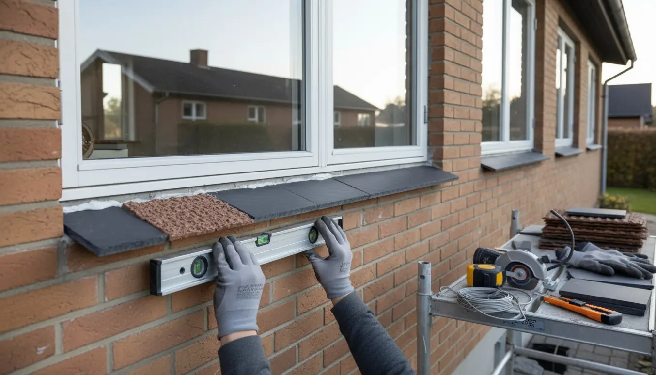 Udskiftning af brune klinkesålbænke til sorte skifersålbænke på et parcelhus, håndværkerens hænder i fokus.