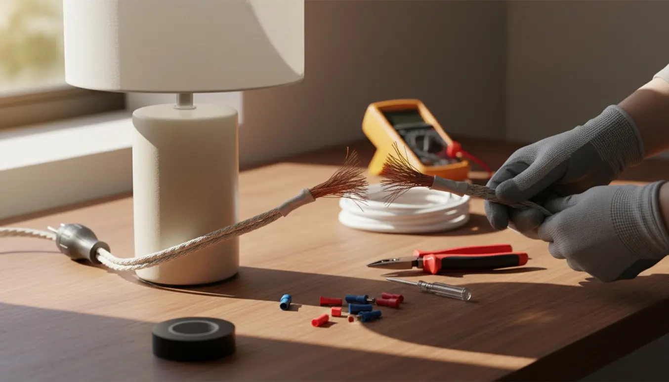Nærbillede af en bordlampe med en ødelagt ledning og handskerede hænder, der holder blottede kobberledninger ved et værkstedbord.