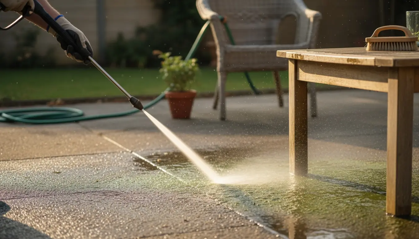 Højtryksrenser der fjerner alger fra betonfliser og et træ-havebord med tydelig før/efter-effekt.