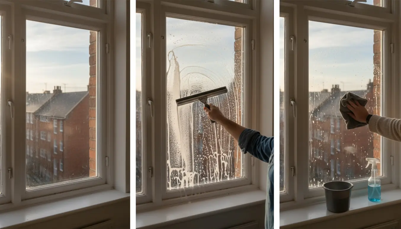 Tre lejlighedsvinduer vist før, under og efter pudsning med vinduesskraber og mikrofiberklud.