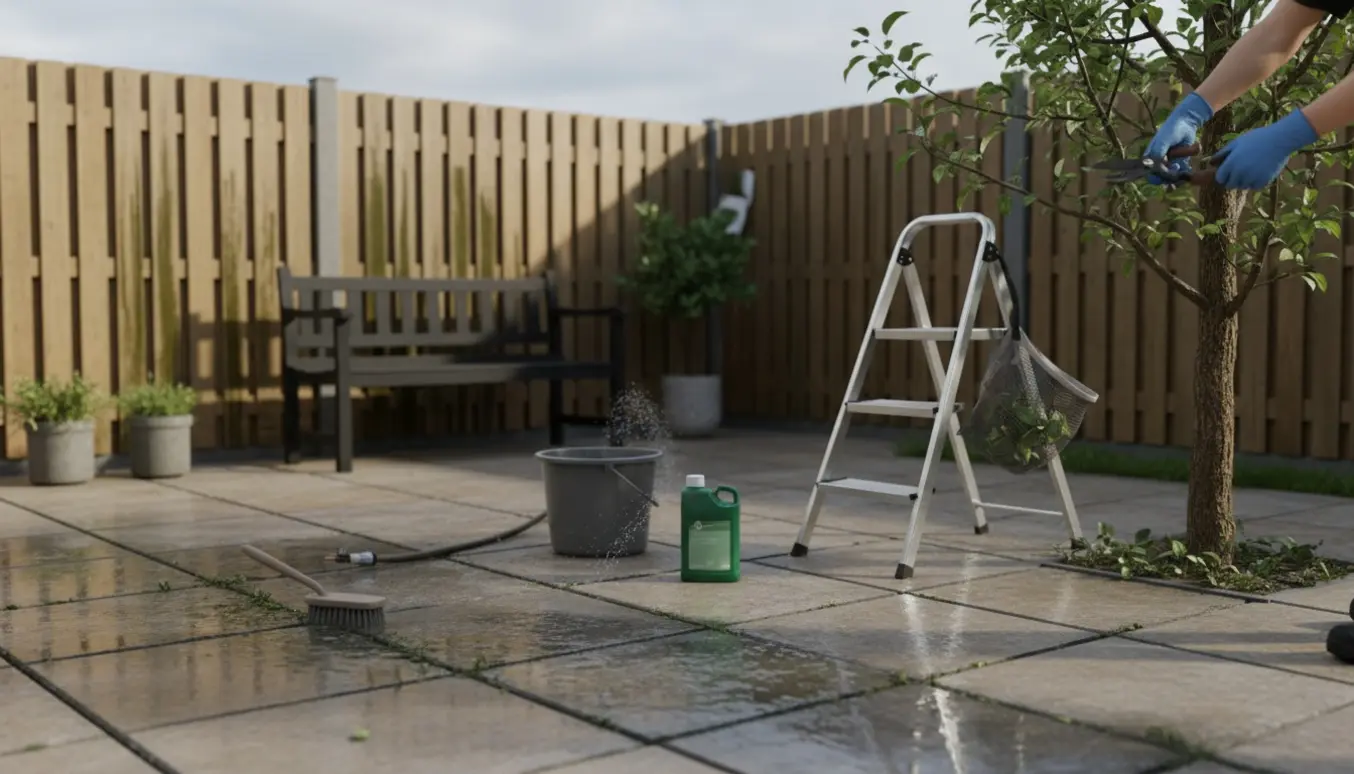 Rense af terrassefliser og beskæring af et æbletræ med handsker og værktøj i en have.