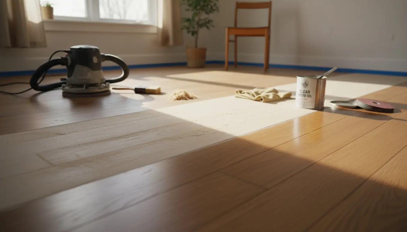 Trægulv i et lyst rum delvist slebet og olieret med værktøj og materiale på gulvet.