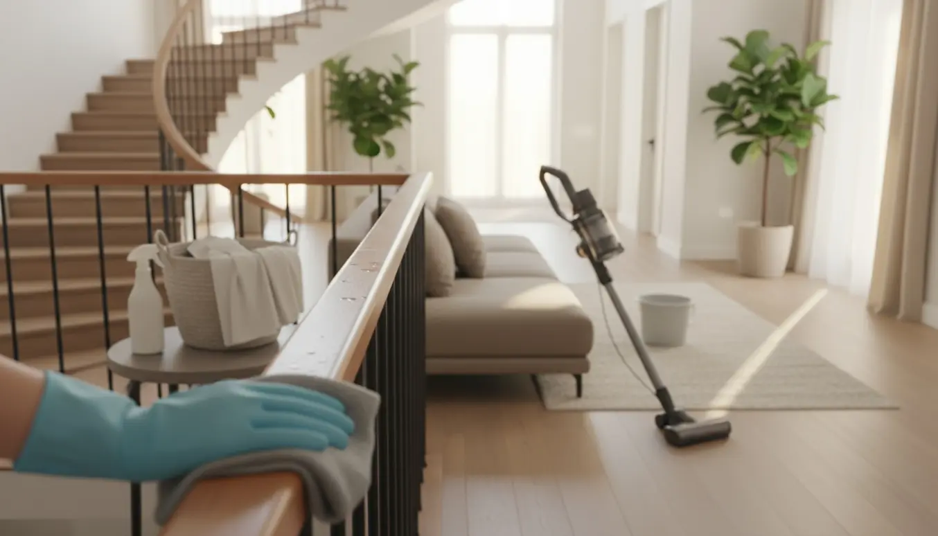 Rengøring i en lys to-etagers villa med aftørring af gelænder og støvsugning af trægulv.