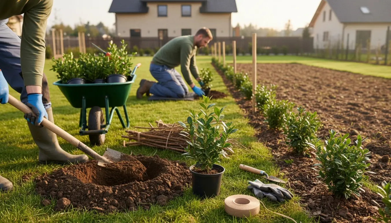 Hæklægning i haven med glovede hænder, spade, trillebør og nyplantede ligusterplanter.