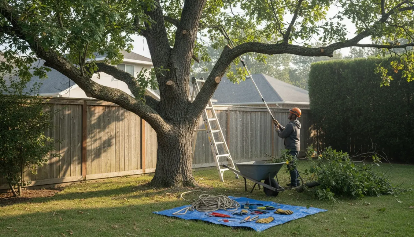 En arborist beskærer et stort egetræ ved naboskel, med nysavede grene samlet på græsset.