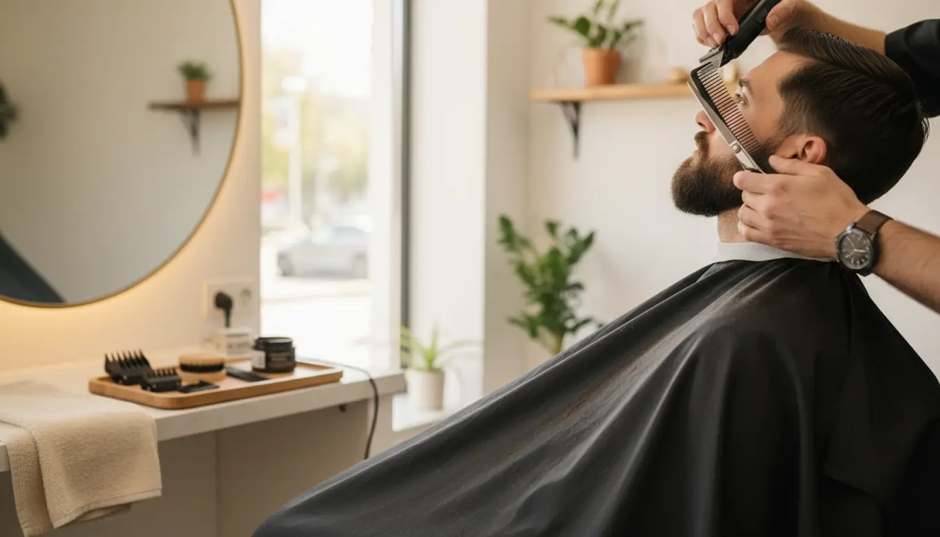 Barber trimmer hår og skæg i en moderne barberstue med fokus på hænder og værktøj.