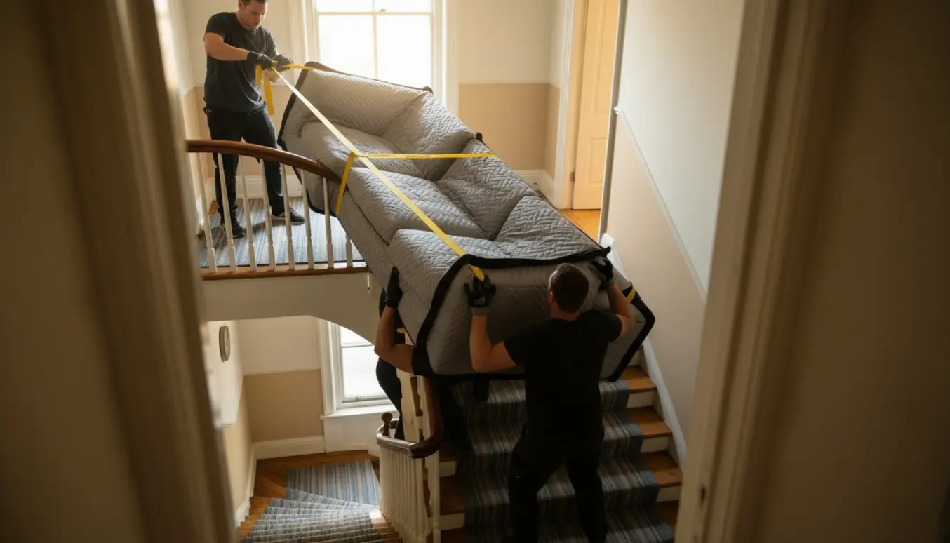 Flyttefolk bærer en indpakket sofa op ad trappen til 2. sal med beskyttelsesdækken og remme.
