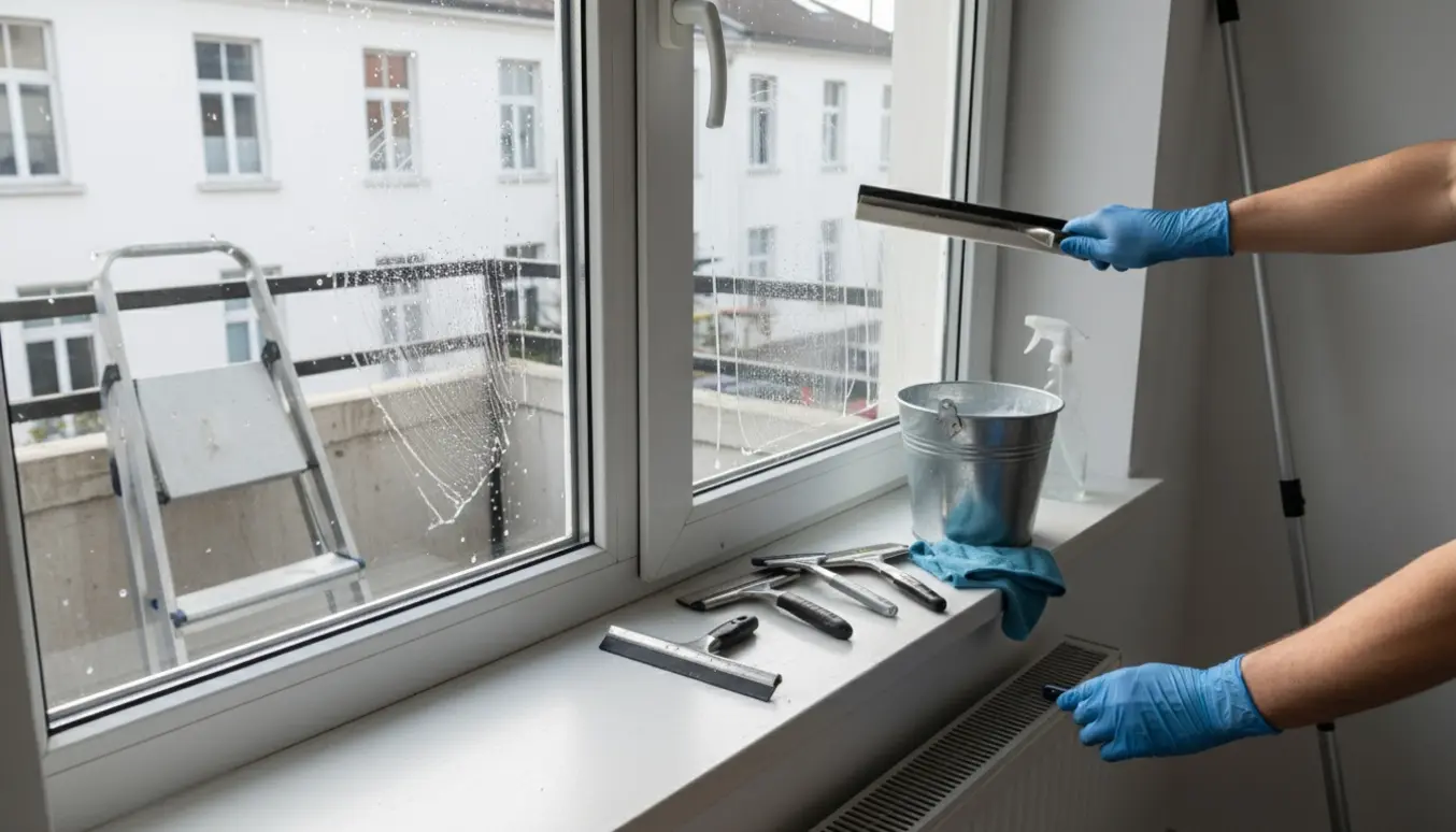 Nærbillede af rengøring af lejlighedsvindue fra indersiden med squeegee og rengøringsudstyr på altanen.