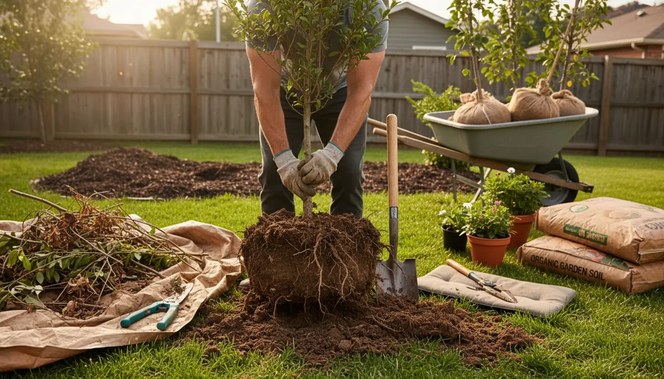 Opgravning af buske og små træer med skovl, rodklump og trillebør i en solbeskinnet have.