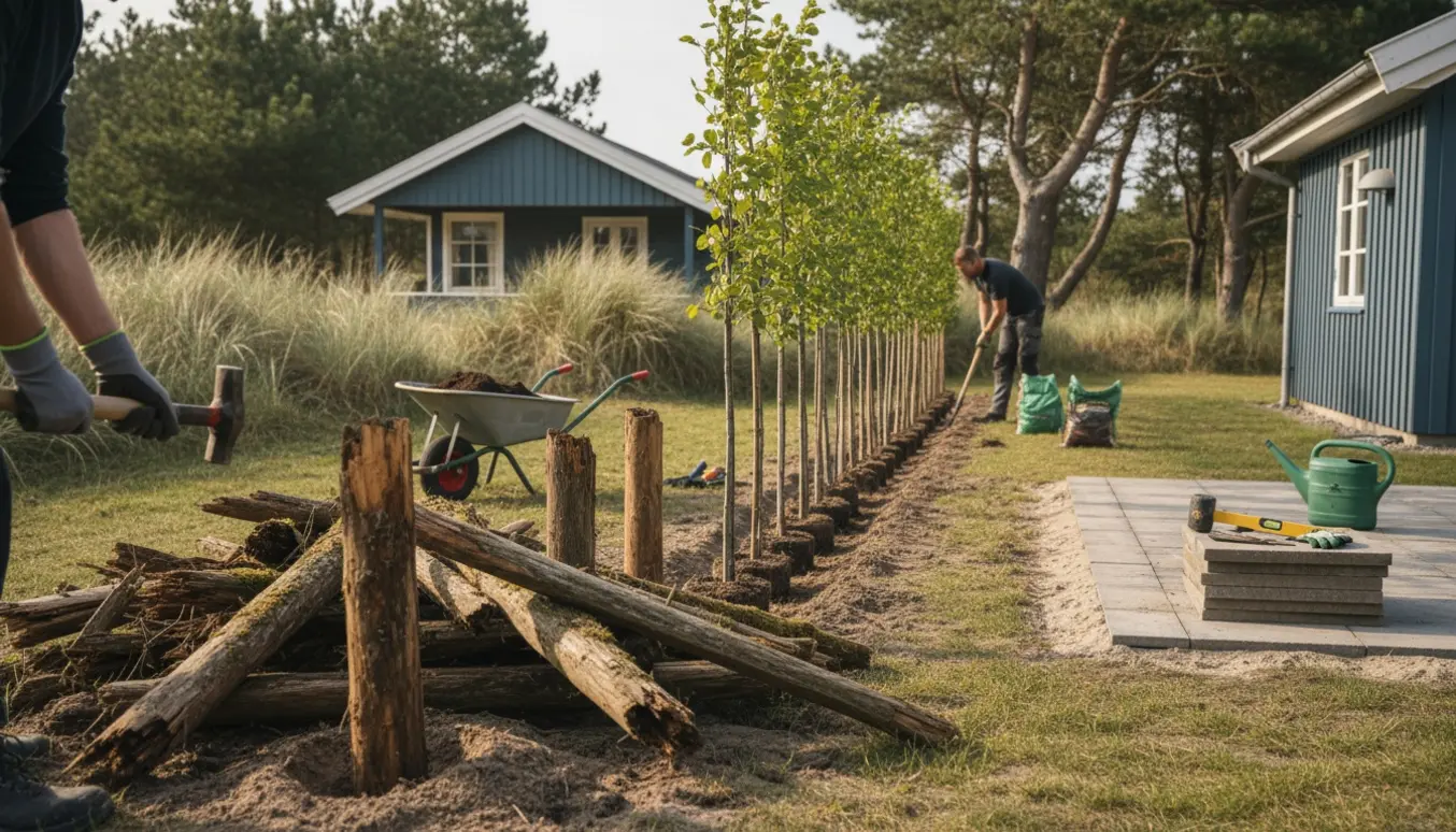 Sommerhushave i Liseleje med nedtaget råddent hegn, bøgehæksplanter klar i en plantede rille og fliser klar til lægning.