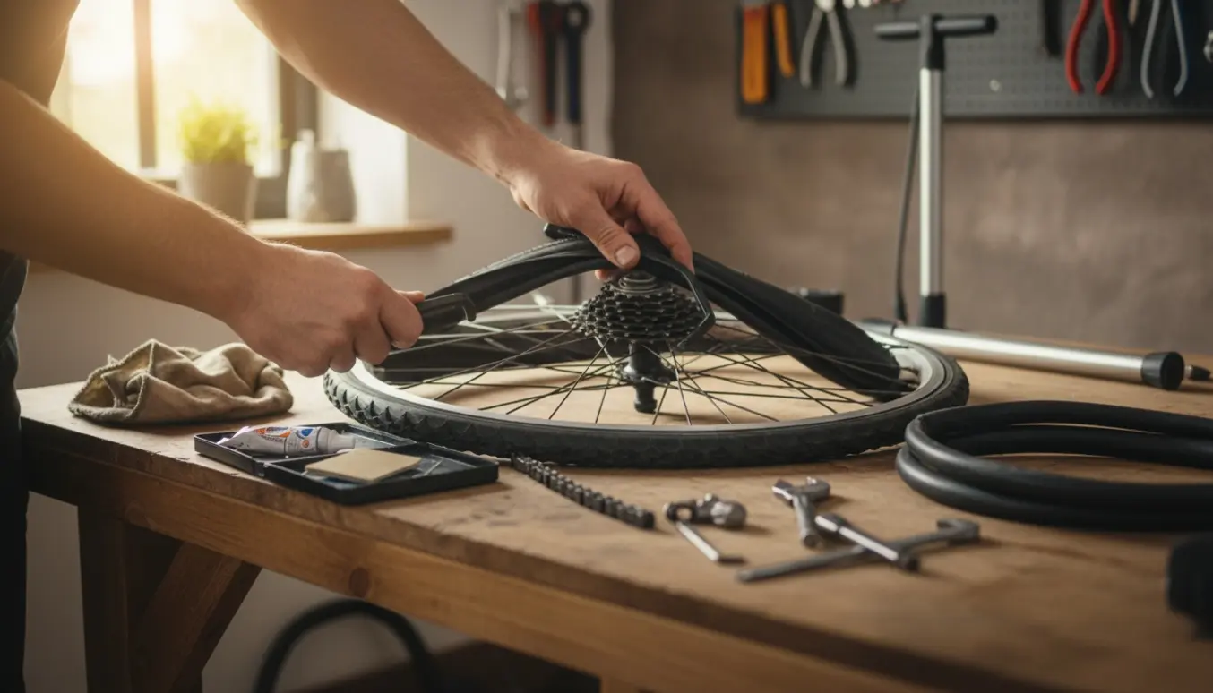 Hænder lapper et bagdæk på en herrecykel med dækjern, lappesæt og pumpe i et soloplyst værksted.