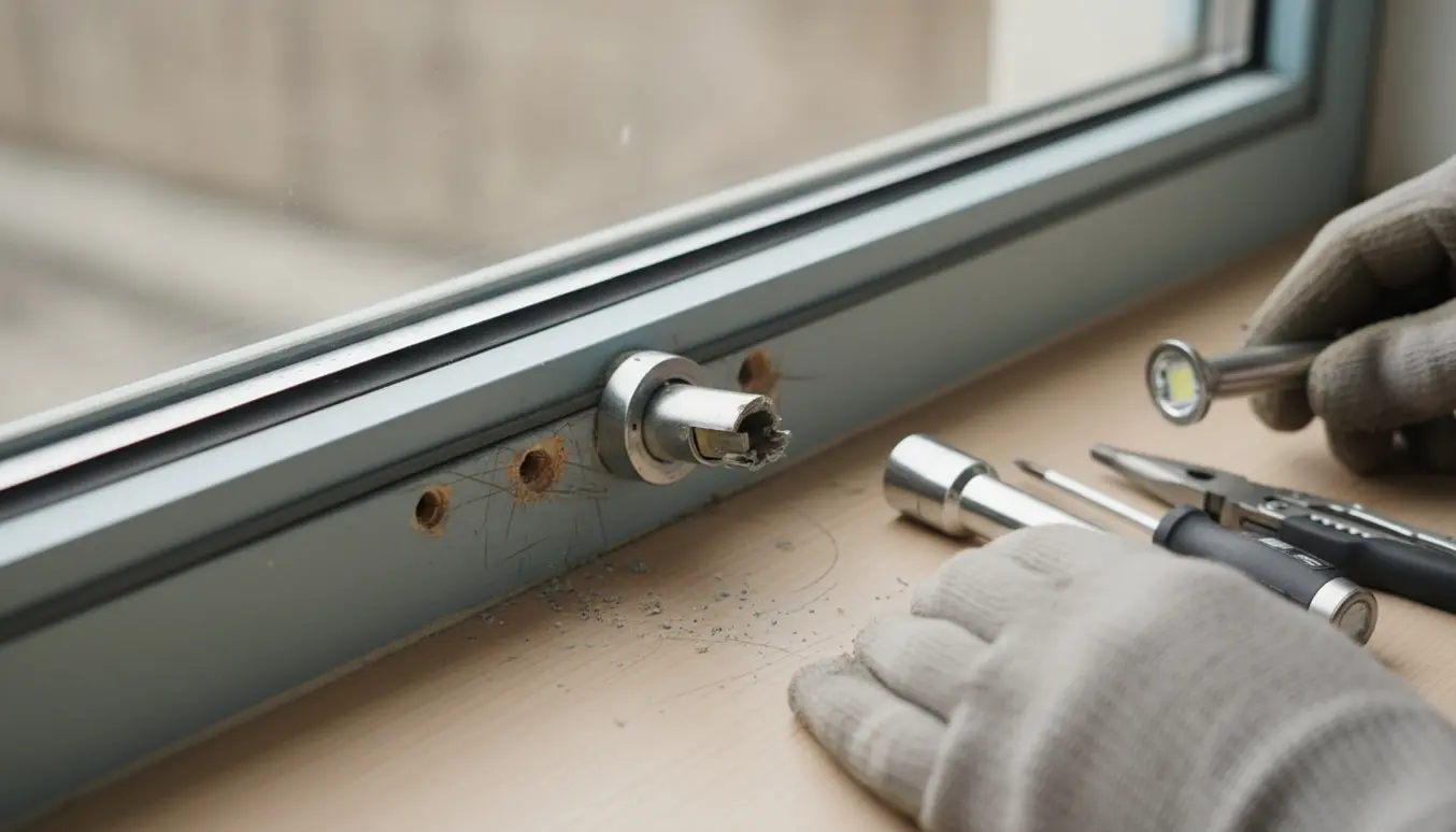 Nærbillede af et knækket vinduesgreb ved roden på en vinduesramme med værktøj klar til vurdering.