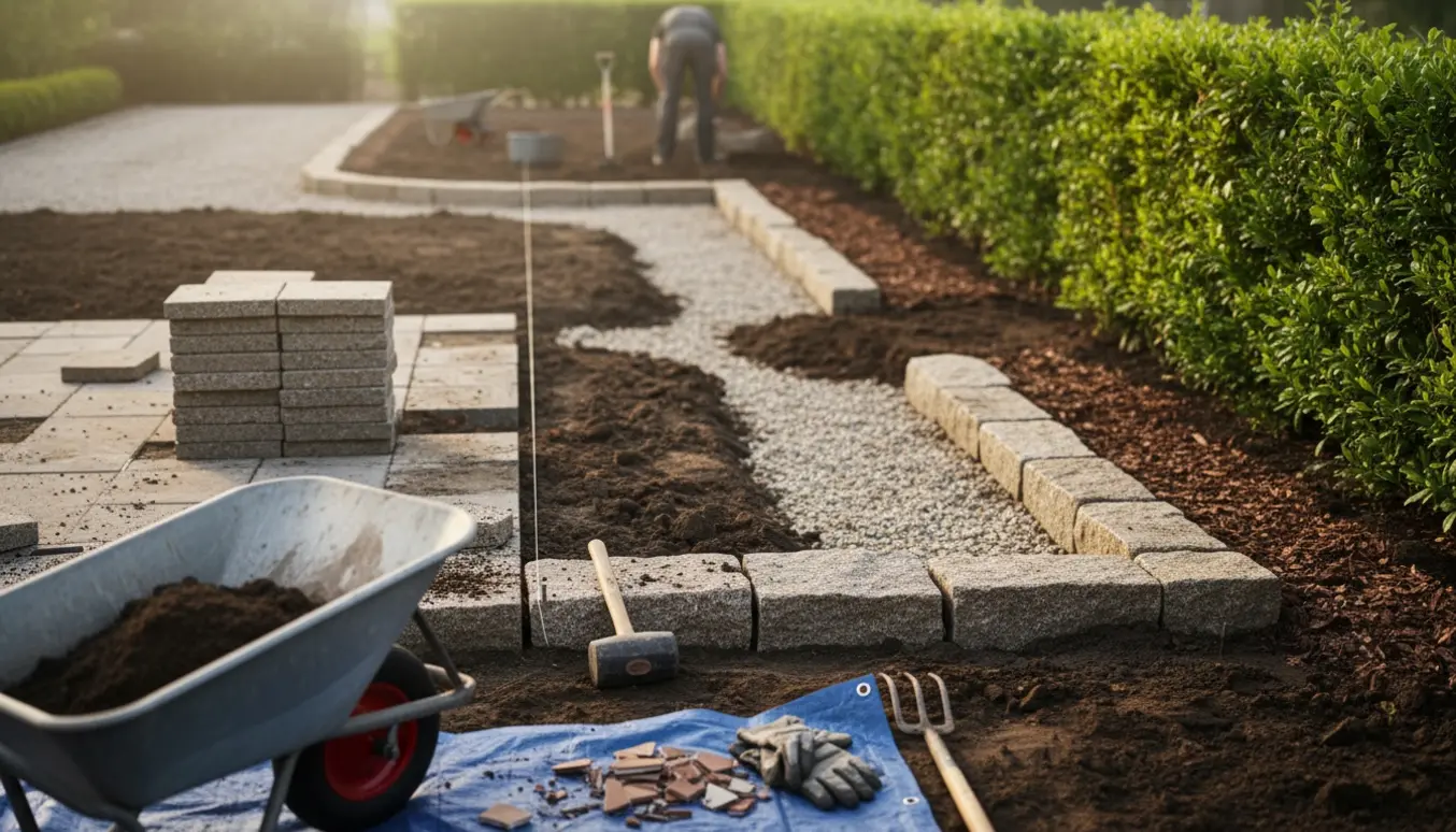 Terrasse med fjernede fliser, nye jordbede og kampesten lagt som kant langs en grøn hæk.