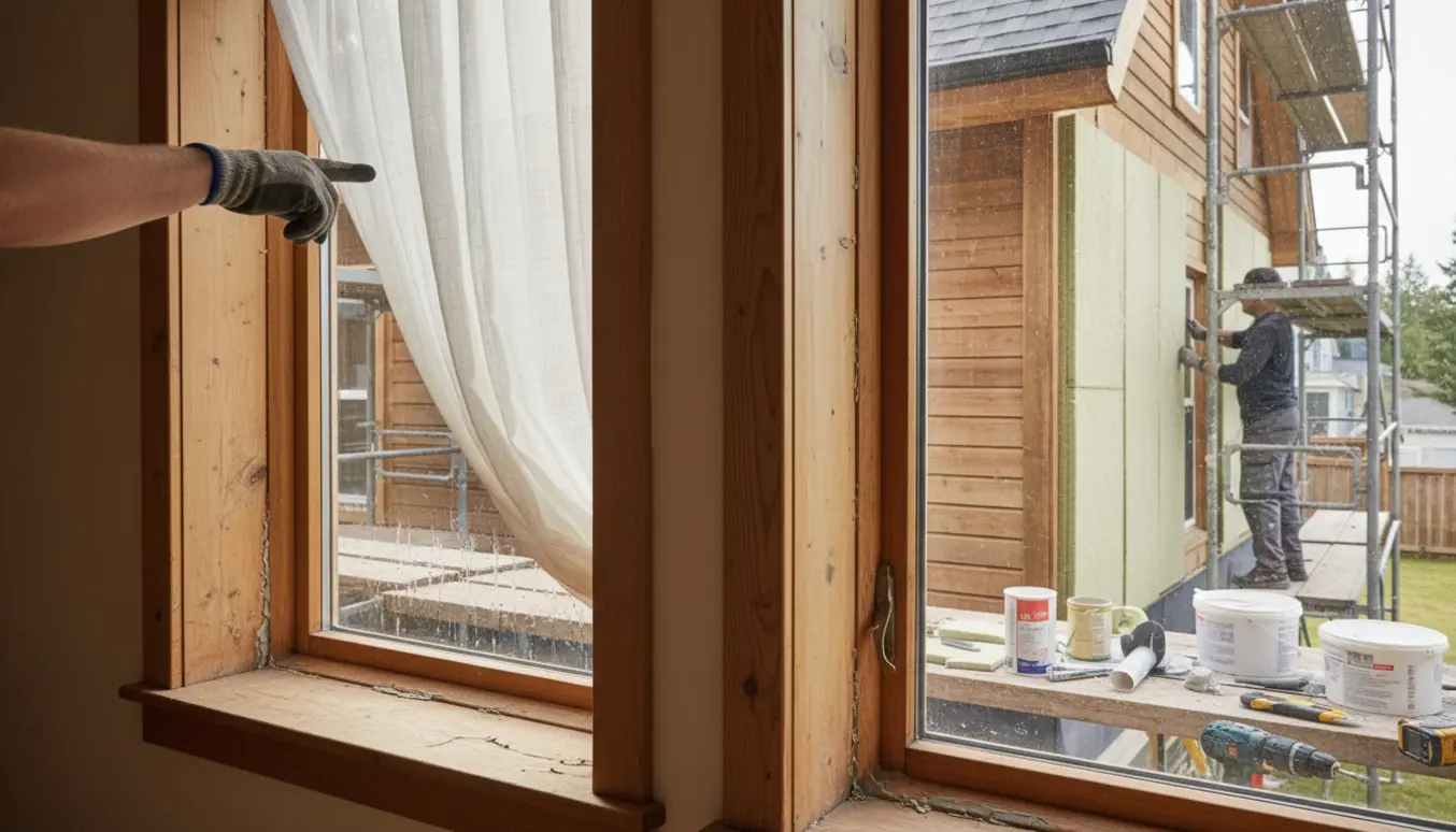 Uden for et træhus monteres isoleringsplader, mens et utæt loftsvindue med kondens ses indefra.