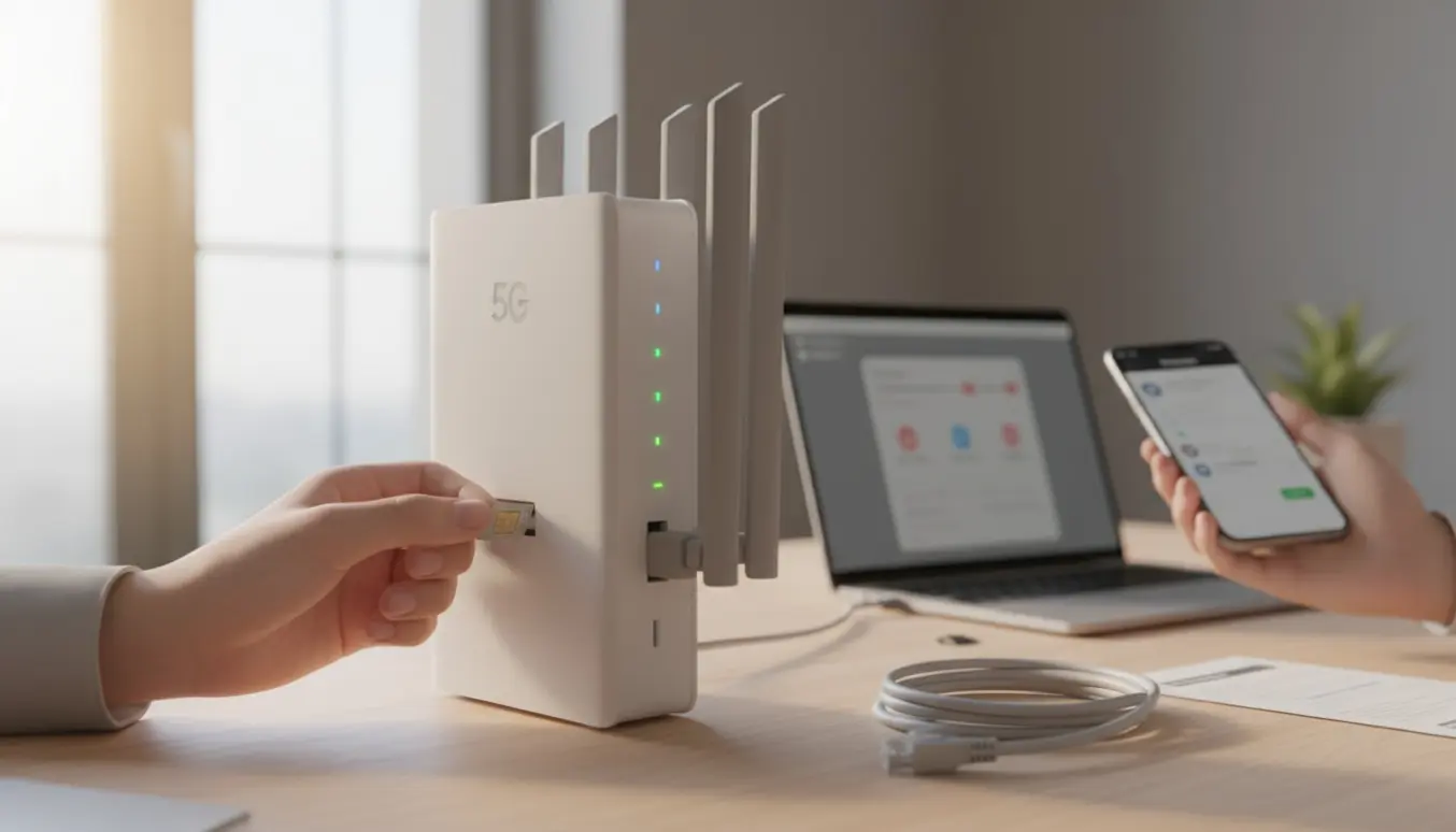 Hænder indsætter et SIM-kort i en moderne router på et ryddeligt skrivebord med bærbar og telefon ved siden af.