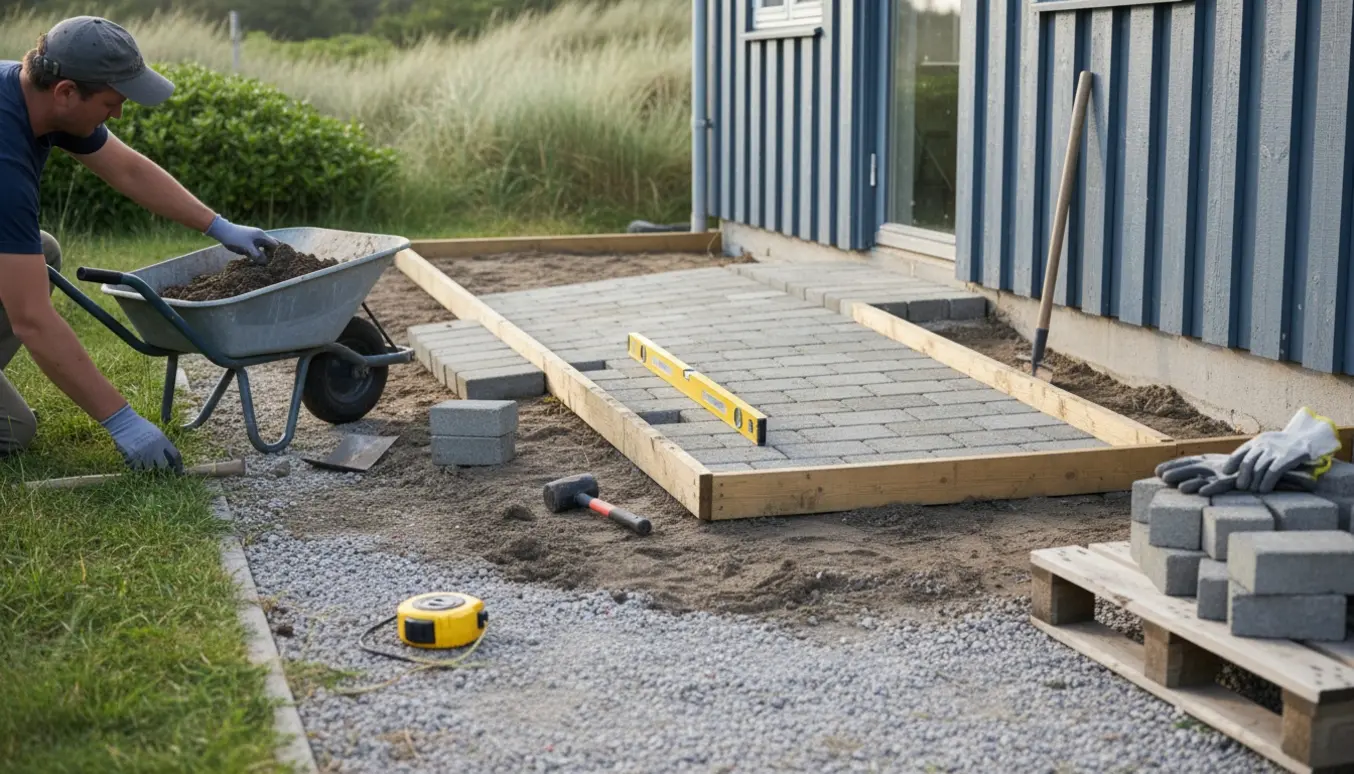 Hænder lægger fliser på en ny 2–3 m rampe ved indgangen til et sommerhus i Vejby.